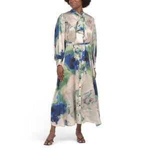 DALIA MACPHEE BLUE/GREEN Long Sleeve Marble Printed Tie Neck Maxi Dress